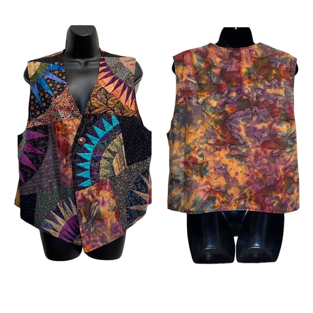 Hand Crafted Patchwork Tie-Dye Floral Print Bohemian One Button Vest Sz L/XL